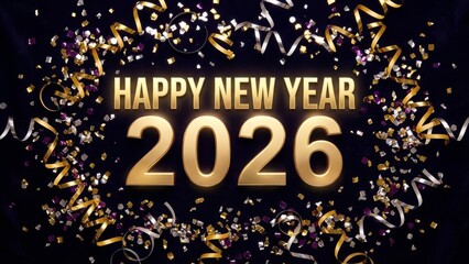 Celebration of new year 2026 with confetti and ribbons