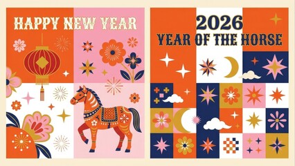 Decorative horse and lunar new year elements festive celebration