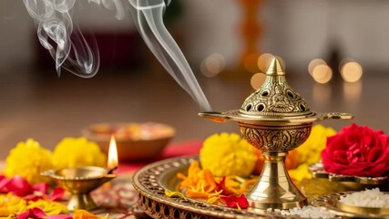 Smoke trails from a brass censer with fire and flowers on a tray for Indian religious ceremony concept