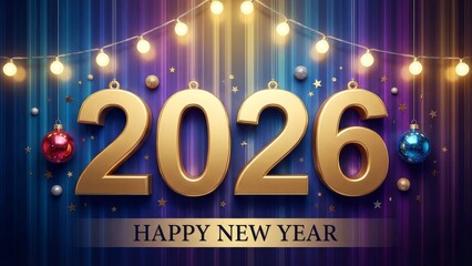 Golden 2026 numbers celebrate new year with festive lights and ornaments