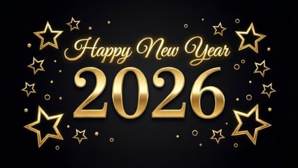 Golden happy new year 2026 text with stars and confetti