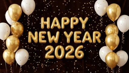Golden happy new year 2026 balloons celebrate festive announcement