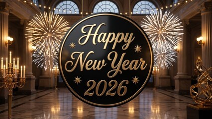 Happy new year 2026 celebration with fireworks and grand interior