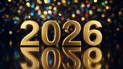 Golden year number 2026 reflection with bokeh lights background