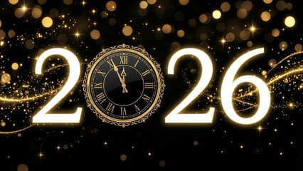 New year countdown clock approaching midnight and glowing numbers 2026