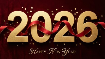 Golden 2026 text with red ribbon and sparkling confetti celebrating new year