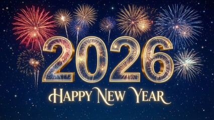 Celebration fireworks display with year 2026 and happy new year message