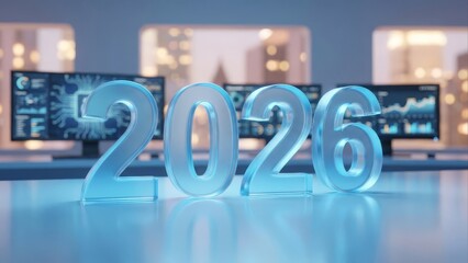 Future year number displayed on desk with technology screens