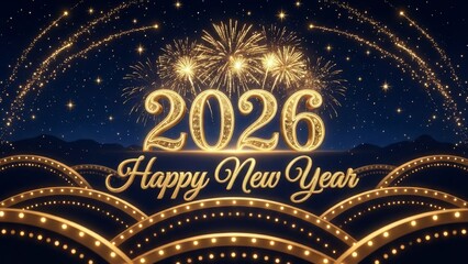 Golden 2026 happy new year celebration with fireworks and lights