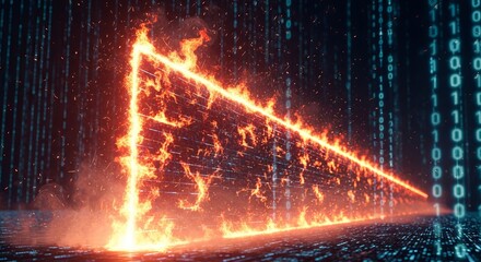 Fiery Digital Wall with Matrix Style Binary Code Background