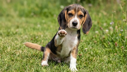 Cute beagle puppy sits in grass offering paw