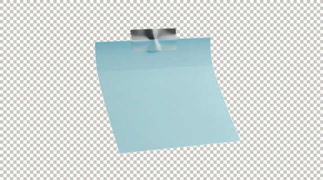 Realistic light blue square sticky note mockup with a piece of silver adhesive tape and shadow isolated on a transparent background.