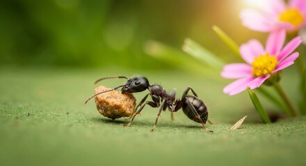Close-Up View of Ant Carrying Food Near Colorful Flowers