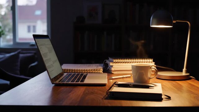 Home office desk time lapse day to night work setup