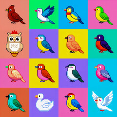 Obraz premium Set of cute cartoon birds isolated on colorful background. Vector illustration.