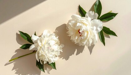Overhead shot of two white peonies with green leaves on a cream-colored surface, light