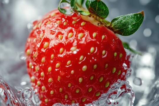 A vibrant red strawberry with green leaves, nestled in a bed of water droplets.