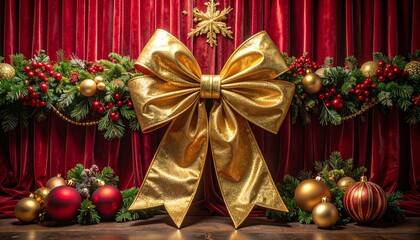 Elegant Golden Christmas Bow with Festive Garland on Red Velvet Curtain Background