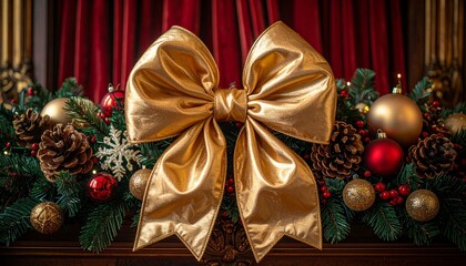 Golden Christmas Bow on Festive Holiday Garland with Red and Gold Ornaments