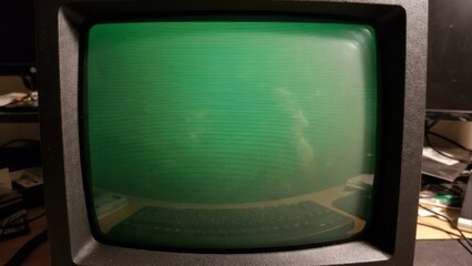 Retro computer monitor displaying green text and lines
