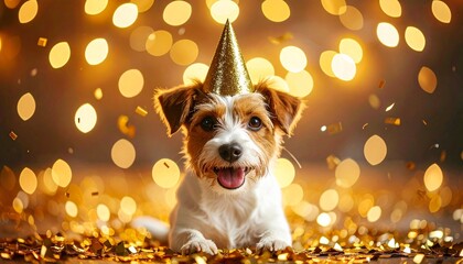 Cute realistic dog celebrating New Year, wearing a small party hat, surrounded by soft golden confetti and warm festive lights, joyful expression, dark elegant background, shallow depth of field, cine