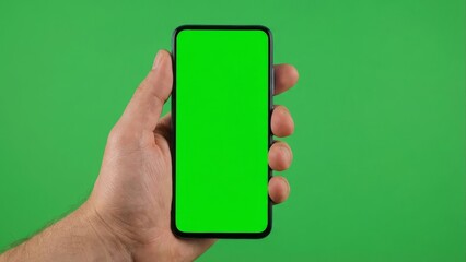 Hand holding a modern smartphone with a green screen background