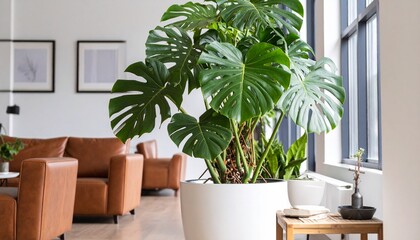 Bright modern living room with large Monstera plant and stylish brown leather furniture