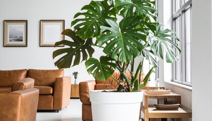 Large Potted Monstera Deliciosa Houseplant in Modern Living Room with Brown Leather Sofas