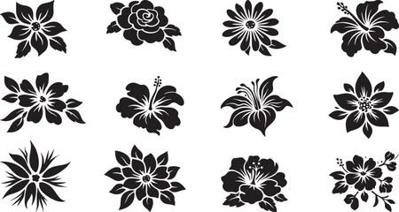 Obraz premium Black floral silhouette set with decorative flowers and botanical blossom elements isolated on white