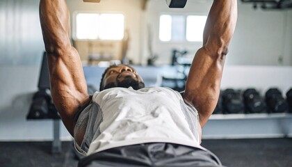 Muscular man performing dumbbell press exercise at a modern gym, focused on fitness training