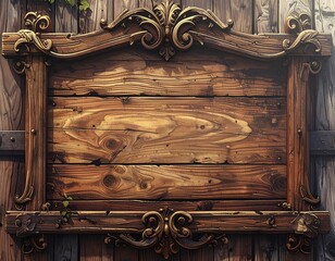 Ornate, wooden sign, crafted with rich, brown planks, framed by detailed carvings and mounted on a wooden wall