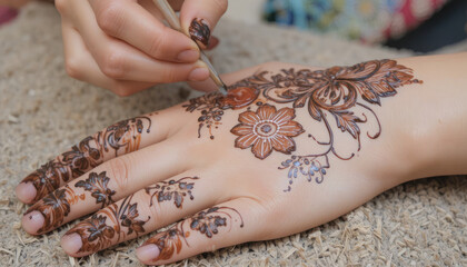 Beautiful henna design being applied to hand for special occasion
