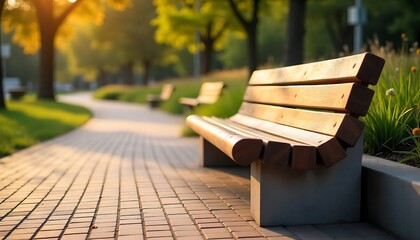 Curved wooden bench without backrest mounted on a brick and concrete base lines a landscaped path in a sunny modern park, created with generative ai
