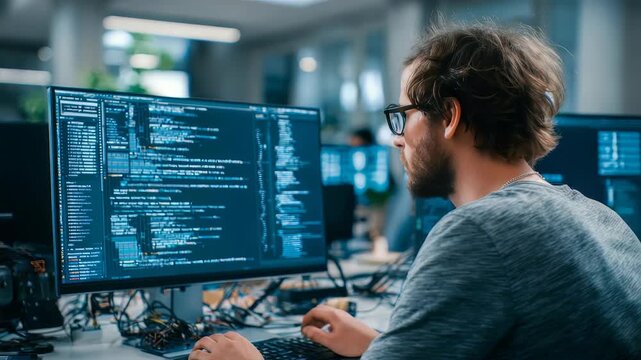 Focused software developer working on complex code at a modern office desk with multiple monitors. Professional programmer solving challenging tasks in a collaborative tech environment