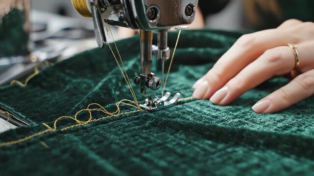Person sewing green fabric with machine
