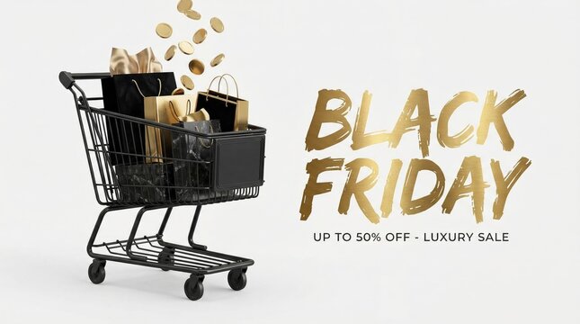 A black shopping cart filled with luxury gift bags and boxes, with golden coins falling, next to "BLACK FRIDAY" text for a sale.