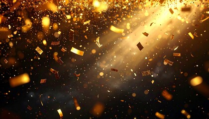 Realistic New Year background featuring golden confetti and sparkling particles floating in the air, dark background, macro photography feel, crisp sharp details, cinematic lighting, elegant festive m