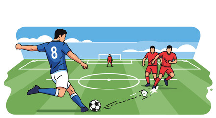 Fototapeta premium Soccer Player Kicking Ball Toward Goal During Match