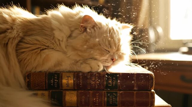Fluffy cat resting on vintage books illuminated by golden sunbeam