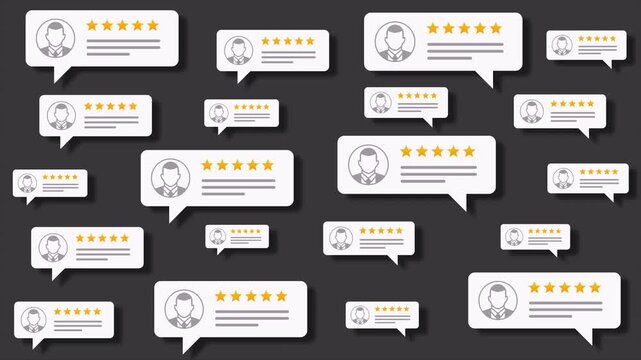 Positive customer review testimonials with five star ratings and avatars. Ideal for websites, marketing presentations, and social media.