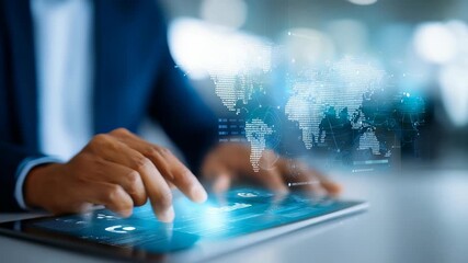 Businessman using digital tablet with futuristic virtual interface, global data analytics in modern office. Innovative technology, artificial intelligence drive digital transformation in business - Powered by Adobe