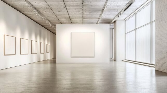 Showcase an empty big white poster mockup in a gallery setting. 