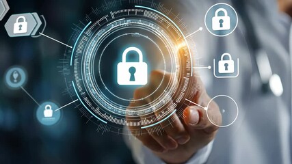 Generative AI. Digital security concept with a hand touching a virtual lock icon on a futuristic interface, showcasing technology and protection in cybersecurity and data safety - Powered by Adobe