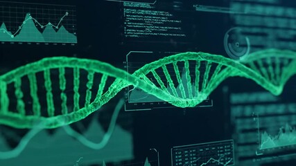 A glowing green 3d dna double helix is digitally displayed and analyzed on a dark, futuristic screen surrounded by abstract scientific data and holographic graphs. - Powered by Adobe
