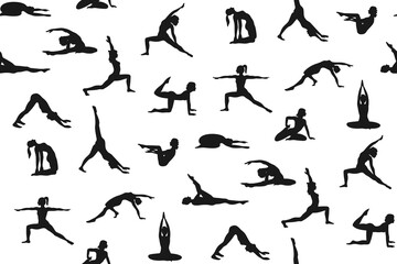 Women do yoga and Pilates exercises silhouette seamless pattern. Healthy wellness lifestyle. Shadow young woman doing fitness stretching, meditation gym sport training vector boundless background