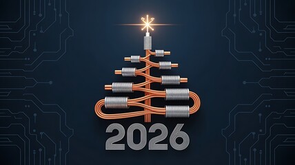 A symbolic Christmas tree laid out of a cable and a coil, 2026 New Year template, banner, poster on a power engineering theme, created with generative ai