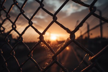 Fototapeta premium A setting sun viewed through a damaged chain-link fence, its warm light illuminating the damaged wire and creating a hazy, atmospheric effect. 