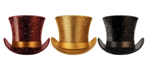 Golden glitter top hats on transparent background