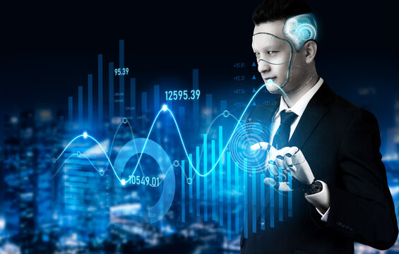 A futuristic businessman uses an augmented reality interface to analyze stock market data against a vibrant city skyline at night, showcasing modern technology and financial insights. Scalp - Powered by Adobe