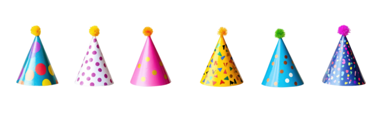 Festive birthday party hats isolated on transparent background